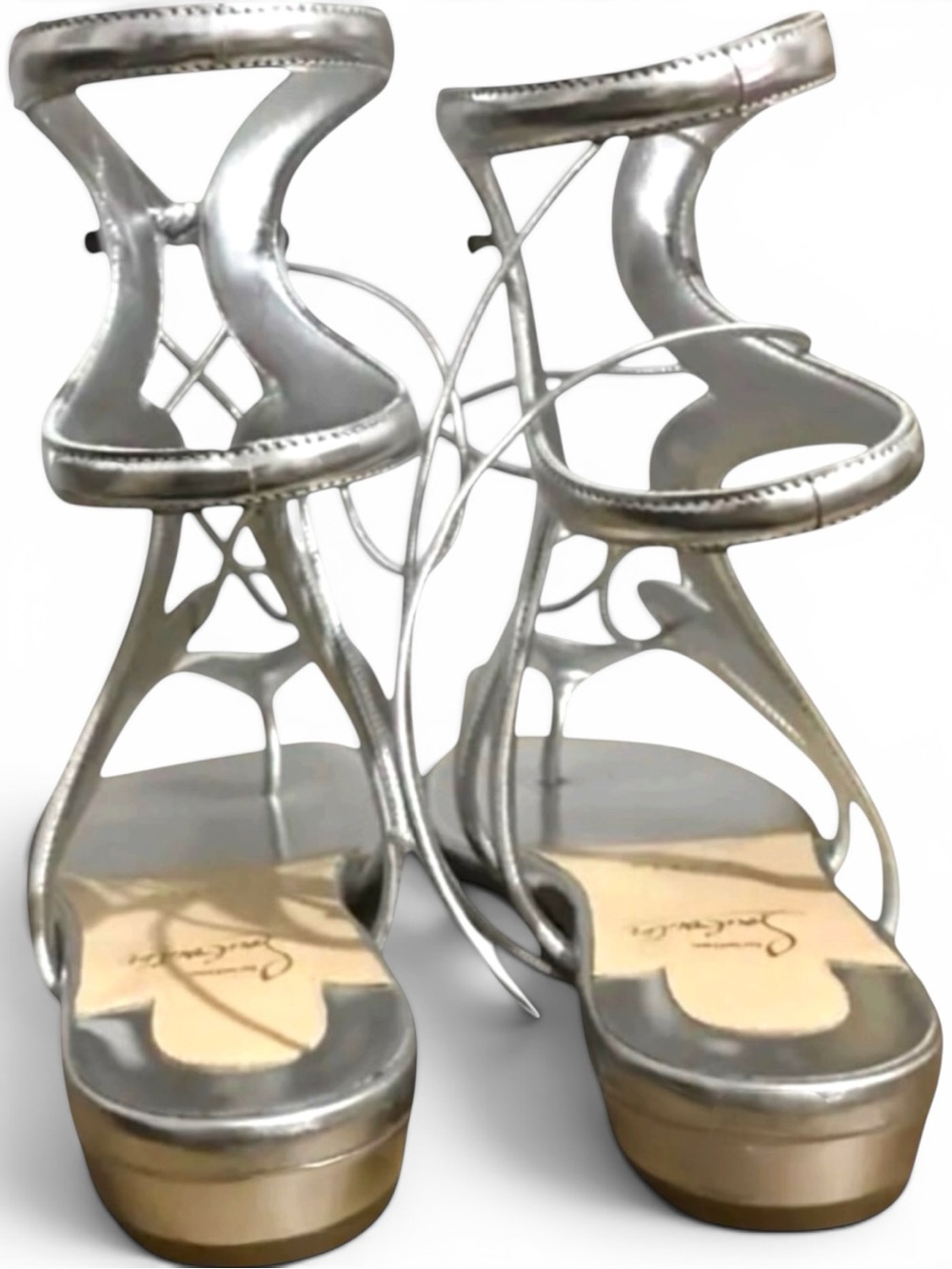 Christian Louboutin Silver Metallic Lace-Up Flat Sandals – Size 37 - Picture 5 of 11